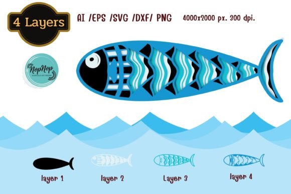 3D Layered Fish Set: 3D SVG Shapes for Digital Products